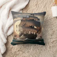 Pirate Ship Sailing at Dusk With Rolling Waves Throw Pillow