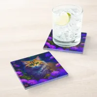 Cute Orange Kitty Cat in Flowers Glass Coaster