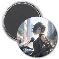 Anime woman biking downtown magnet