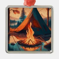 Tent and Campfire Vintage Colors Art Metal Ornament