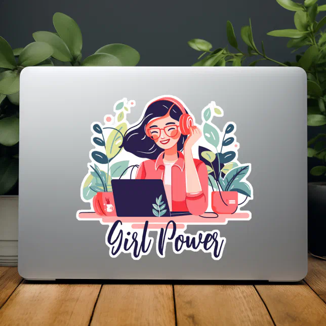 Cartoon Cute Woman in Laptop with Flowers Custom Sticker