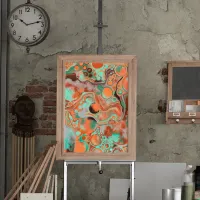 Brown, Teal, Orange Marble Fluid Art   Poster