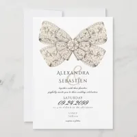 Elegant Vintage Diamonds Beige Bow Script Wedding Invitation