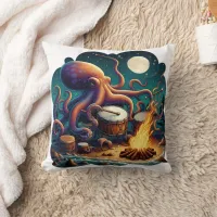 Octopus Drumming By Campfire Under Moonlight Throw Pillow