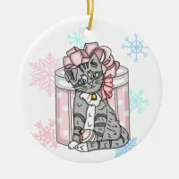 Personalized Merry Christmas Gray Kitten Pink Bow  Ceramic Ornament