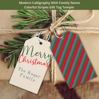 Watercolor Merry Christmas Family Name Stripes  Gift Tags