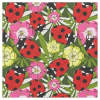 Cute Ladybirds and Flowers Pattern on Dark Green Fabric