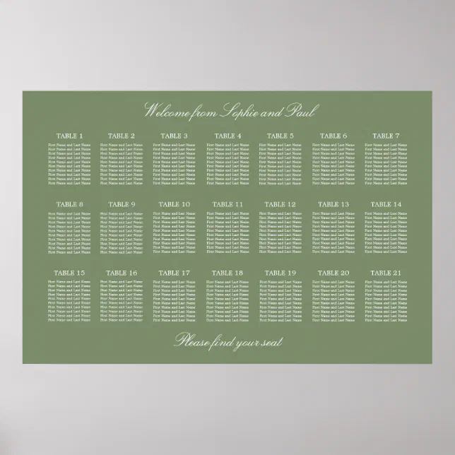 Sage Green 21 Table Wedding Seating Chart Poster