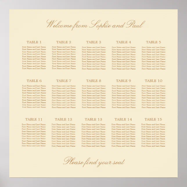 Cream Beige 15 Table Wedding Seating Chart Poster