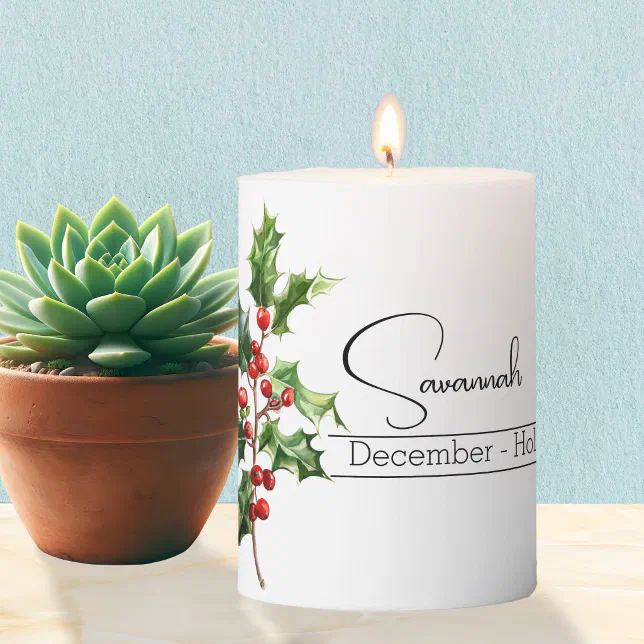 Birth Month Flower December Holly Pillar Candle