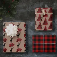 red buffalo plaid + kraft woodland christmas gift wrapping paper sheets