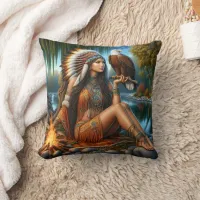 Native American Woman With An Eagle By A River Throw Pillow