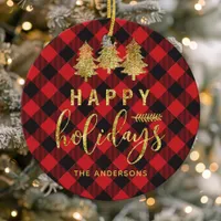 Buffalo Plaid Happy Holidays Personalized Ceramic Ornament