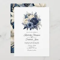 Navy Blue, Cream and Silver Floral Wedding Invitation