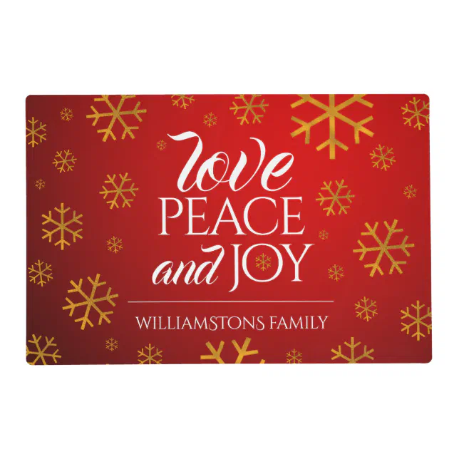 Festive Red Love Peace Joy Gold Foil Snowflakes Placemat