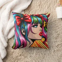 Pretty Pop Art Comic Girl with Bows Throw Pillow