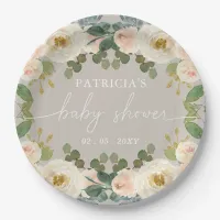 Elegant Taupe Peach Floral Baby Shower Paper Plates