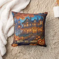 Spooky villa in the forest, pumpkins, Halloween Throw Pillow