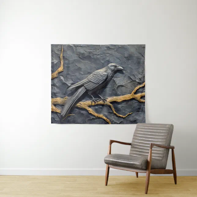 Perched raven in bas relief on slate wall tapestry