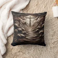 Christ On The Cross Amidst Waves And Mountains Throw Pillow