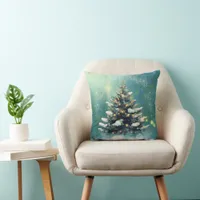 Beautiful Christmas Tree with Snow and Gold Lights Throw Pillow