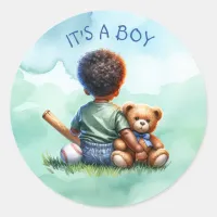 Baby Boy of Color with his Teddy Bear Baby Shower Classic Round Sticker