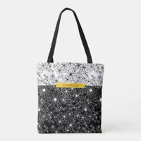 Floral Color Block Pattern Black White with Name Tote Bag