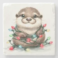 Adorable Christmas Otter Stone Coaster