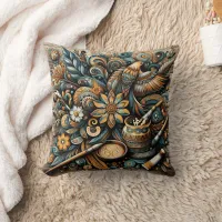 Vibrant bird and floral design with artistic tools throw pillow