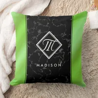 Elegant Black Marble & Lime Green Foil Monogram Throw Pillow