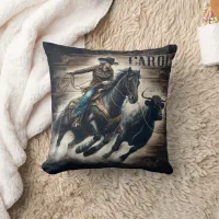 Cowboy Roping a Bull at Rodeo Event Throw Pillow