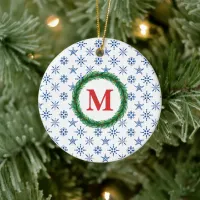 Wreath Monogram Your Name Blue Snowflakes White Ceramic Ornament