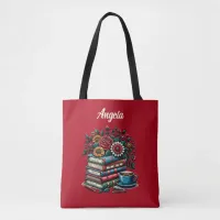 Personalized Vintage Books, Coffee and Flowers Tote Bag