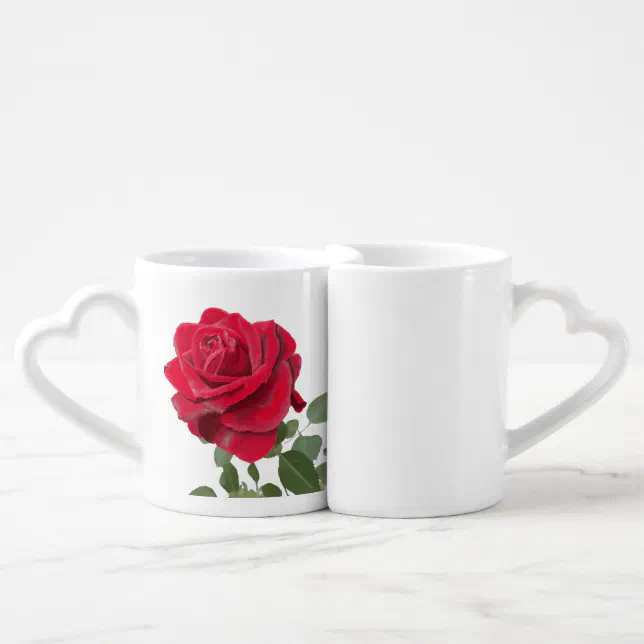 Hand painted red rose coffee mug set