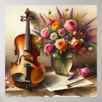 Violin, Sheet Music and a Vase of Flowers  Poster