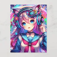 Glitchcore Colorful Anime Girl Artwork  Postcard