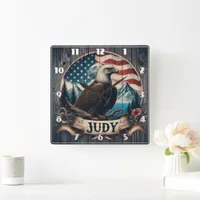 Majestic Eagle Over Water With Mountain Background Square Wall Clock