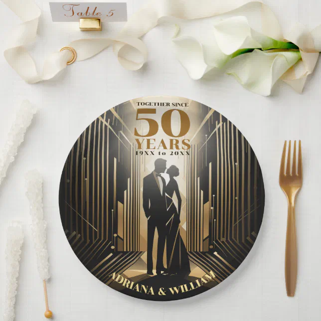 Art Deco Retro Black & Gold Wedding Anniversary Paper Plates