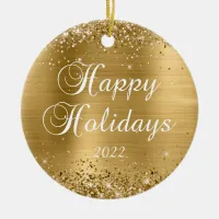 Glittery Gold Foil Happy Holidays Photo Ceramic Ornament