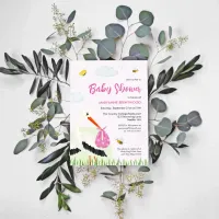 Rustic Stork with Bee & Butterfly Girl Baby Shower Invitation