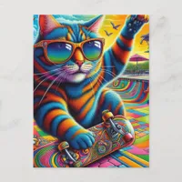 Colorful Striped Cat Skateboarding Postcard