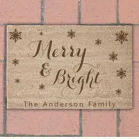 Merry And Bright Christmas Family Name Snowflakes Fiber Doormat