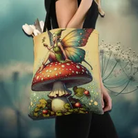 Vintage Fairy on a Retro Mushroom Fairytale Tote Bag