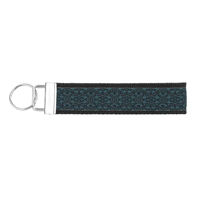 Elegant Flowery Black and Teal Damask Wrist Keychain