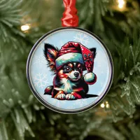 Papillon Dog in Santa Hat Christmas Metal Ornament