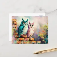 Two Wise Owls Watercolor AI Art Postcard