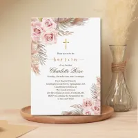 Modern Boho Pink Floral Baptism Invitation