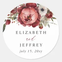 Elegant Boho Burgundy Blush Floral Wedding Classic Round Sticker