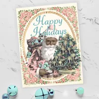 Vintage Pink + Mint Black Santa Claus Christmas Holiday Postcard