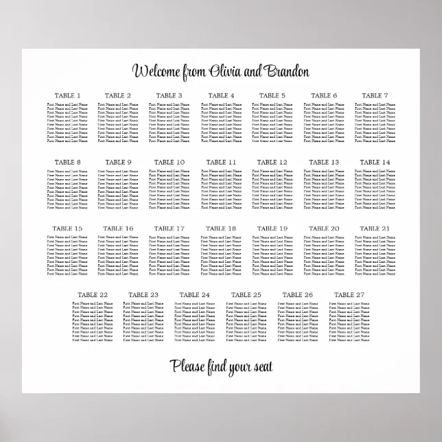 Stylish 27 Table Wedding Seating Chart Poster